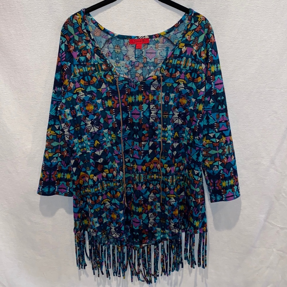 Joni B. Women’s Aztec/Tribal Print Fringe Hem 3/4 Sleeve Tunic Top Size L